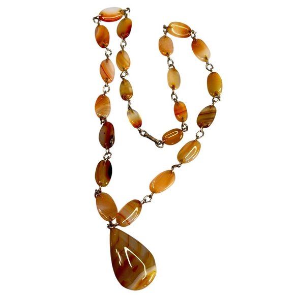 Vintage Carnelian Agate Necklace with Teardrop Pendant Hand Cut Gemstone Beads - Picture 3 of 5